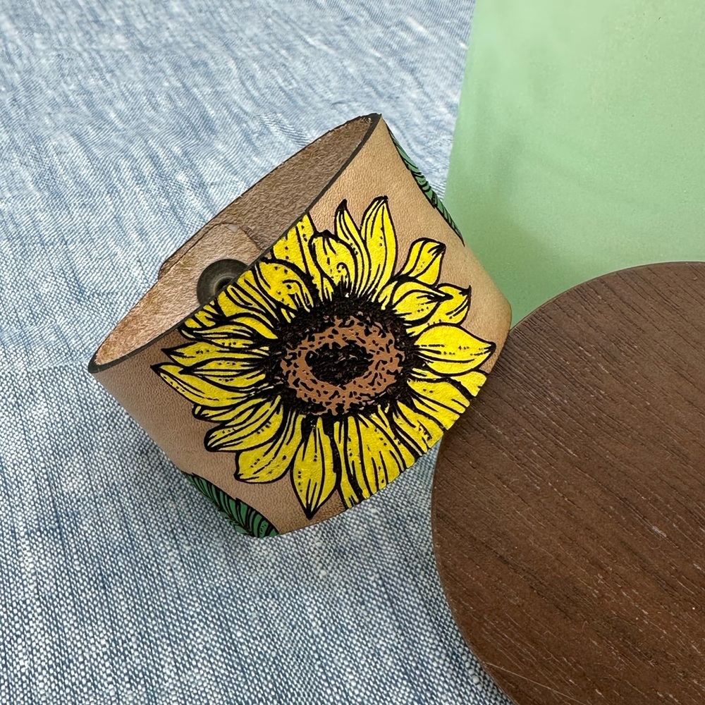 Handmade Leather Sunflower Cuff Bracelet by Gemini Creative